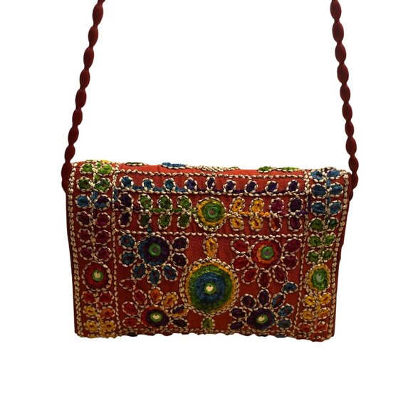 Handmade Embroidered Multicolor Strap Fold-Over Closure Shoulder Crossbody Bag - Picture 4 of 8